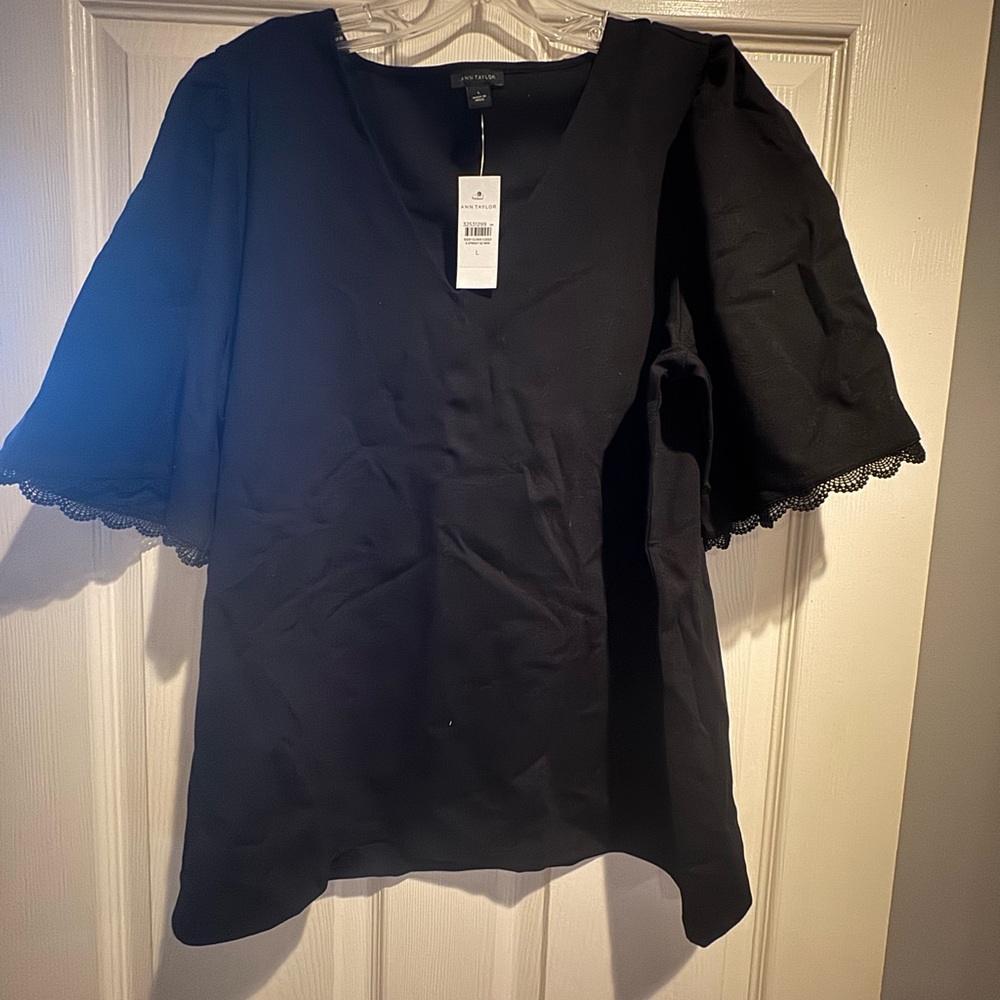 Ann Taylor Black V-Neck Blouse with Scalloped Sleeve Detail